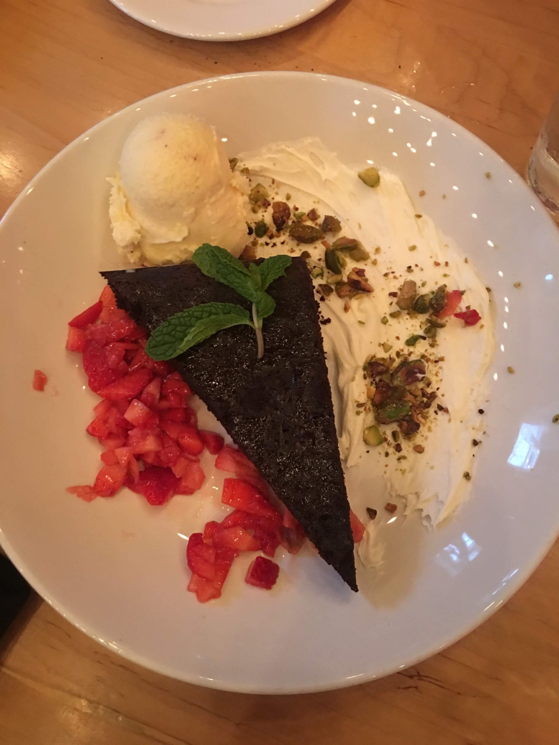 Chocolate cake with ice cream.