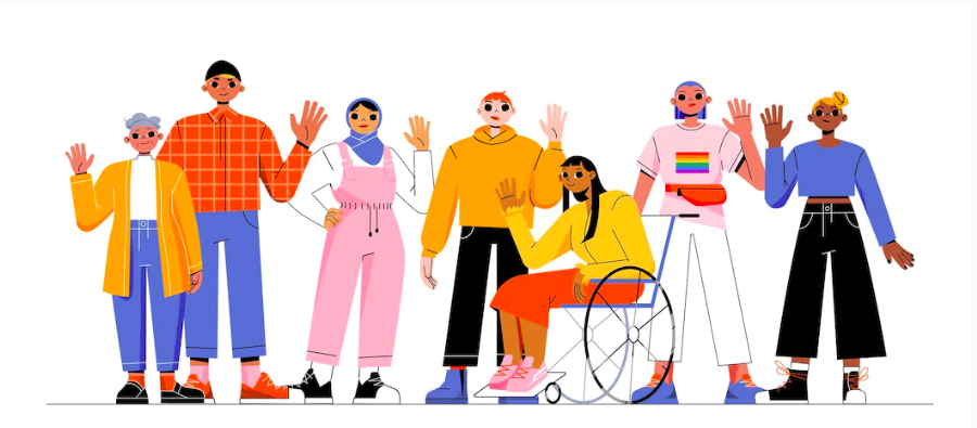 Illustration of a variety of people waving.