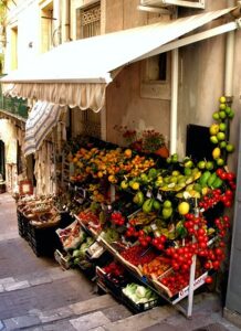 Outdoor market with fruits and vegetables