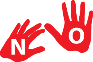 Illustration of red hands. The left has "N" and the right has "O" to spell "NO".